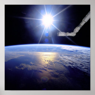 Space Shuttle Robot Arm Earth Orbit Sunburst Poster