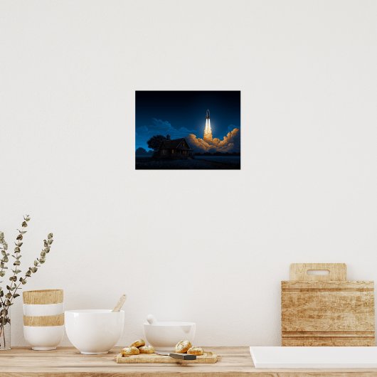 Space Shuttle Rocket Launch At Night Behind Farmho Poster (Küche)