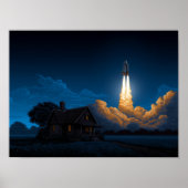 Space Shuttle Rocket Launch At Night Behind Farmho Poster (Vorne)