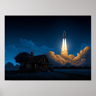 Space Shuttle Rocket Launch At Night Behind Farmho Poster