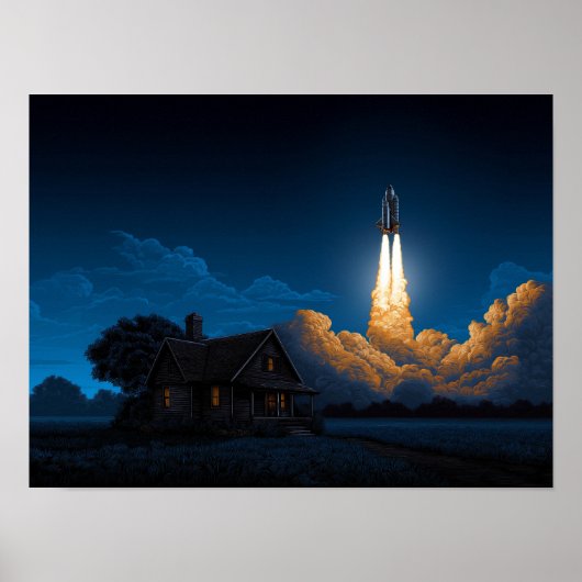 Space Shuttle Rocket Launch At Night Behind Farmho Poster (Vorne)