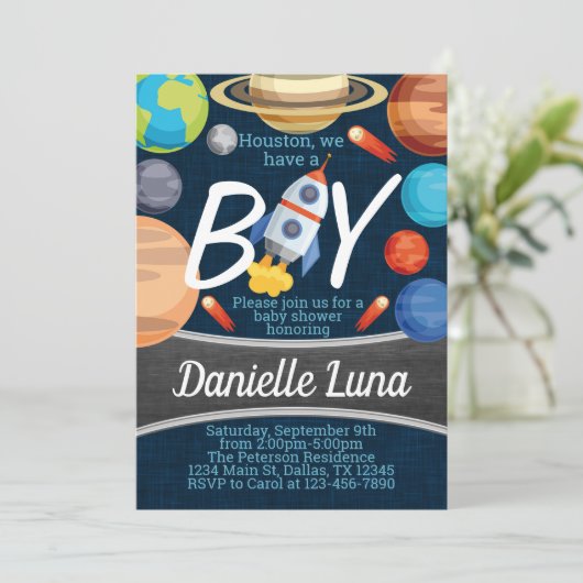 Space Solar System Kinderdusche Einladung (Stehend Vorderseite)