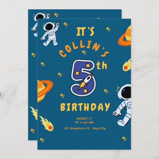 Space Theme 5th Birthday Invitation for Boys Einladung (Vorne/Hinten)