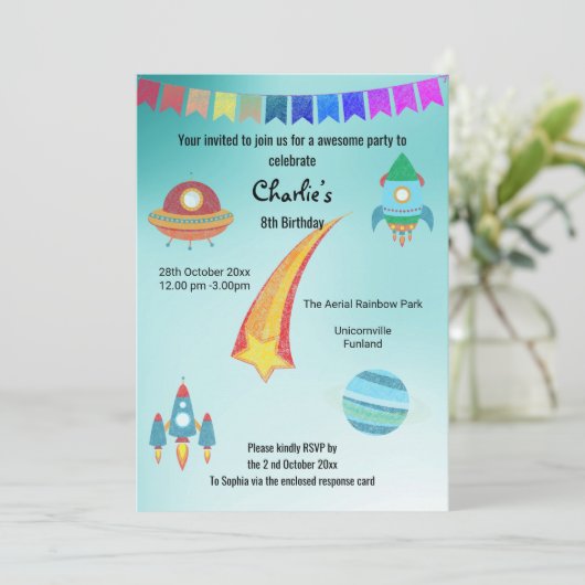 Space Theme Aqua Star Geburtstag Einladung (Stehend Vorderseite)