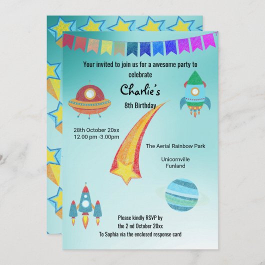 Space Theme Aqua Star Geburtstag Einladung (Vorne/Hinten)