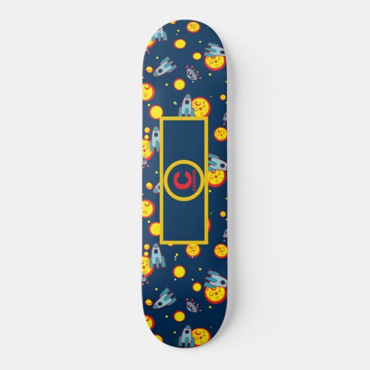 Space Theme for Boys in Blue Red and Yellow Name Skateboard (Vorderseite)