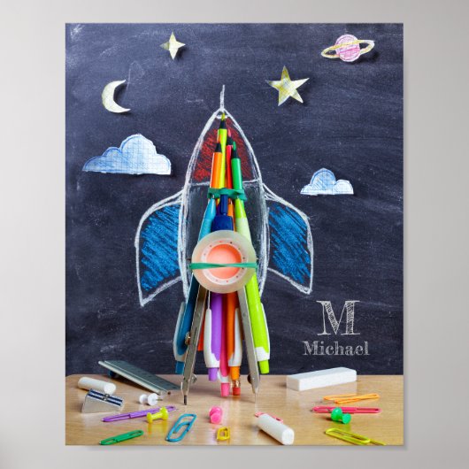 Space Themed Rocket Ship ~ Custom Monogram Kids Poster (Vorne)