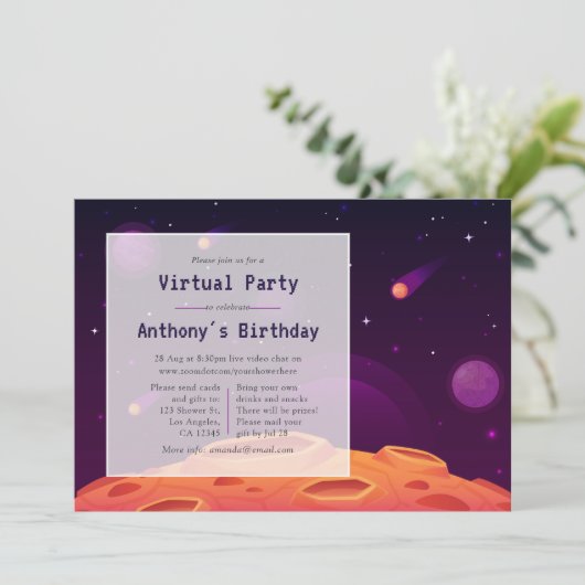 Space Virtual Birthday Party Einladung (Stehend Vorderseite)