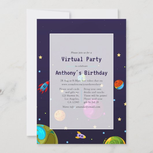 Space Virtual Birthday Party Einladung (Vorderseite)