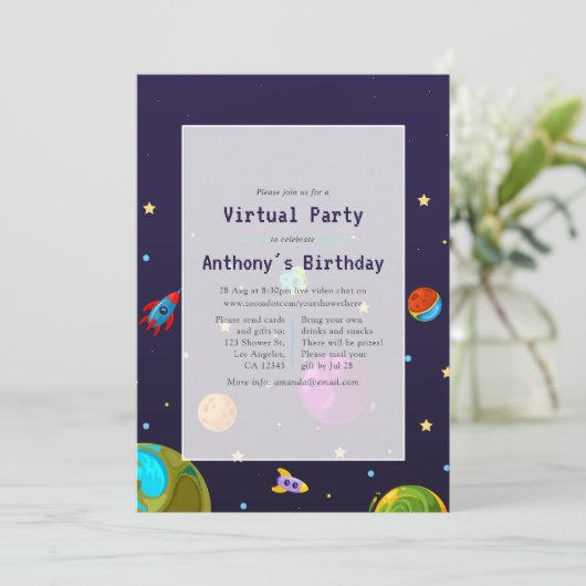 Space Virtual Birthday Party Einladung (Stehend Vorderseite)