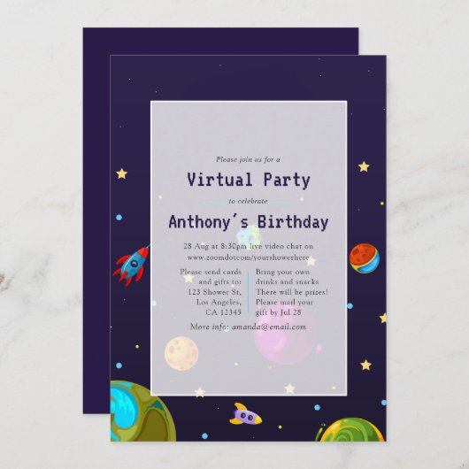 Space Virtual Birthday Party Einladung (Vorne/Hinten)