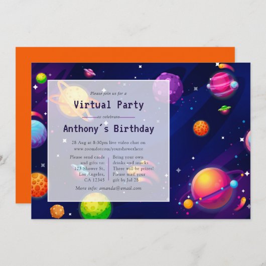 Space Virtual Birthday Party Einladung (Vorne/Hinten)