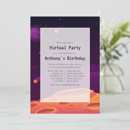 Space Virtual Birthday Party Einladung (Stehend Vorderseite)