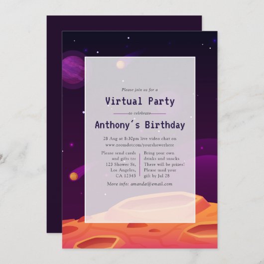 Space Virtual Birthday Party Einladung (Vorne/Hinten)