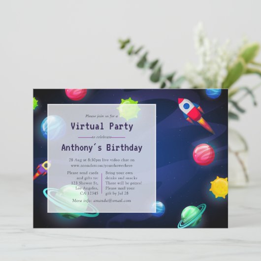 Space Virtual Birthday Party Einladung (Stehend Vorderseite)