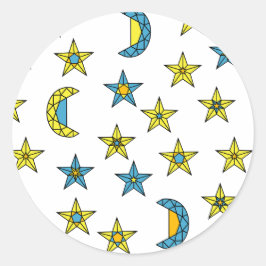 Space Yellow Blue Moon and Stars Jewels Muster Runder Aufkleber