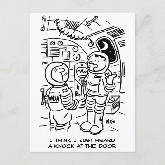 Spacemen auf Raumschiff Hörklopfen an der Tür Postkarte (Vorderseite)