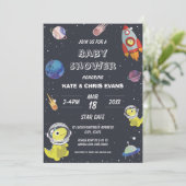 Spaceship Dinosaur Star Planet Galaxy Babydusche Einladung (Stehend Vorderseite)