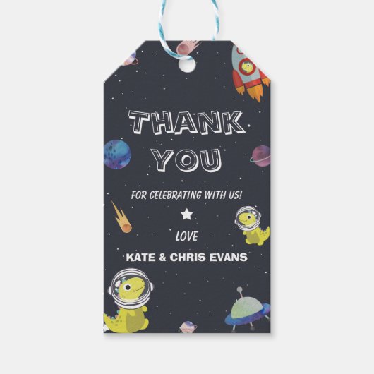 Spaceship Dinosaur Star Planet Galaxy Babydusche Geschenkanhänger (Vorderseite)