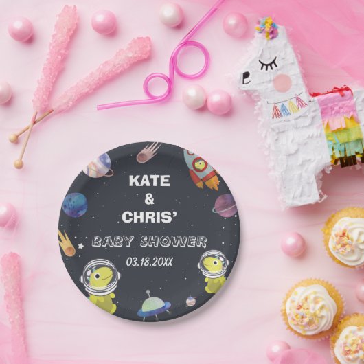 Spaceship Dinosaur Star Planet Galaxy Babydusche Pappteller (Party)