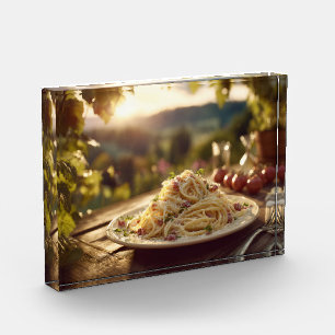 Spaghetti alla Carbonara auf dem Holzgartentisch Fotoblock