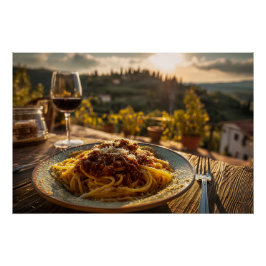 Spaghetti Bolognese auf Weingarten Terrasse Tisch Poster