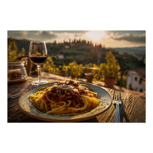 Spaghetti Bolognese auf Weingarten Terrasse Tisch Poster (Vorderseite)