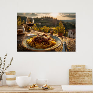 Spaghetti Bolognese auf Weingarten Terrasse Tisch Poster