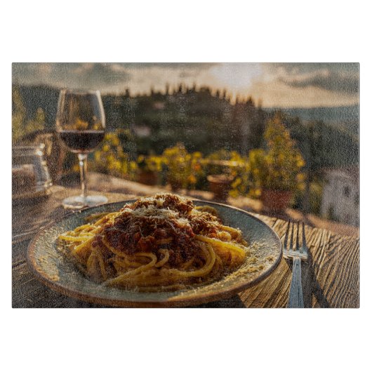 Spaghetti Bolognese auf Weingarten Terrasse Tisch Schneidebrett (Vorderseite)