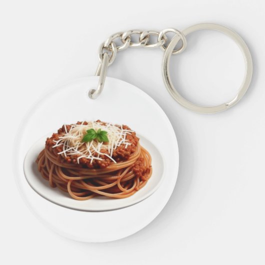 Spaghetti Bolognese mit Käse und Basilikum-Blätter Schlüsselanhänger (Rückseite)