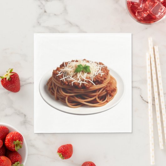 Spaghetti Bolognese mit Käse und Basilikum-Blätter Serviette (Beispiel)