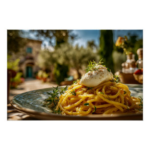 Spaghetti mit Burrata-Käse in Süditalien Poster