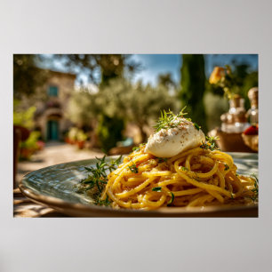 Spaghetti mit Burrata-Käse in Süditalien Poster