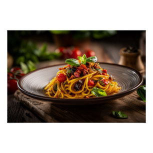 Spaghetti mit Caponata im rustikalen Raum Fiel Poster