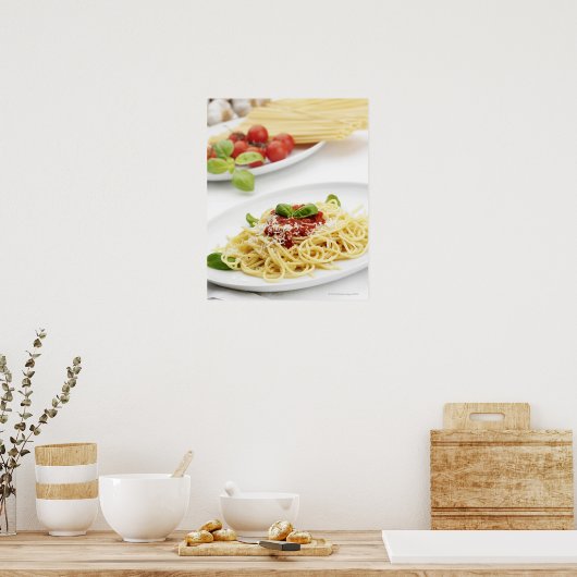 Spaghetti mit Tomatensauce und Basilikum Poster (Küche)