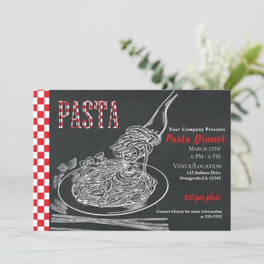 Spaghetti Pasta Rustikales Chalk Event Dinner Part Einladung (Stehend Vorderseite)