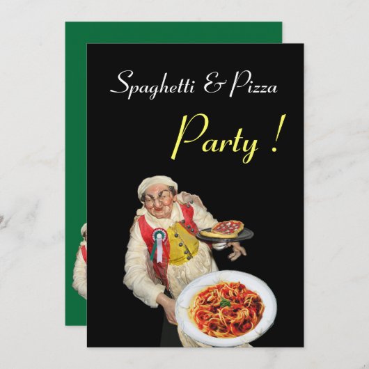 SPAGHETTI & PIZZA PARTY, RESTAURANT schwarz grün Einladung (Vorne/Hinten)
