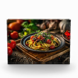 Spaghetti Puttanesca mit frischen Tomaten und Oliv Fotoblock