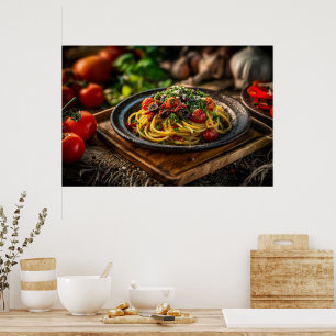 Spaghetti Puttanesca mit frischen Tomaten und Oliv Poster