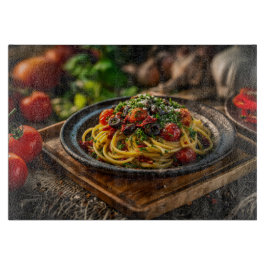 Spaghetti Puttanesca mit frischen Tomaten und Oliv Schneidebrett