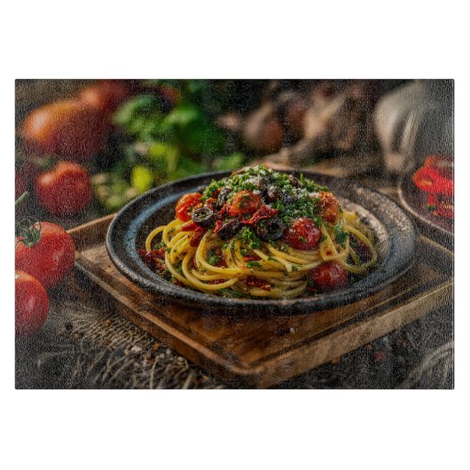 Spaghetti Puttanesca mit frischen Tomaten und Oliv Schneidebrett (Vorderseite)