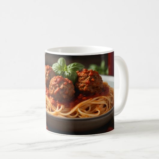 Spaghetti und Fleischbällchen auf Teller Kaffeetasse (VorderseiteRechts)
