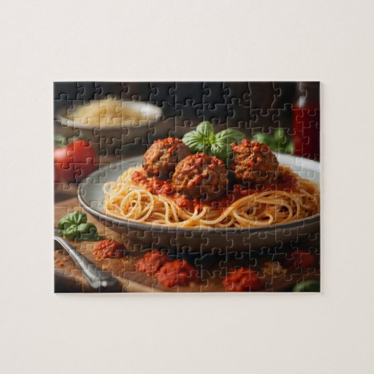 Spaghetti und Fleischbällchen auf Teller Puzzle (Horizontal)