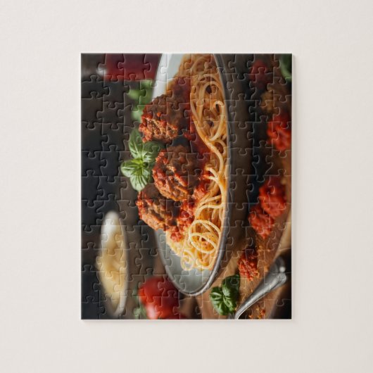 Spaghetti und Fleischbällchen auf Teller Puzzle (Vertikal)