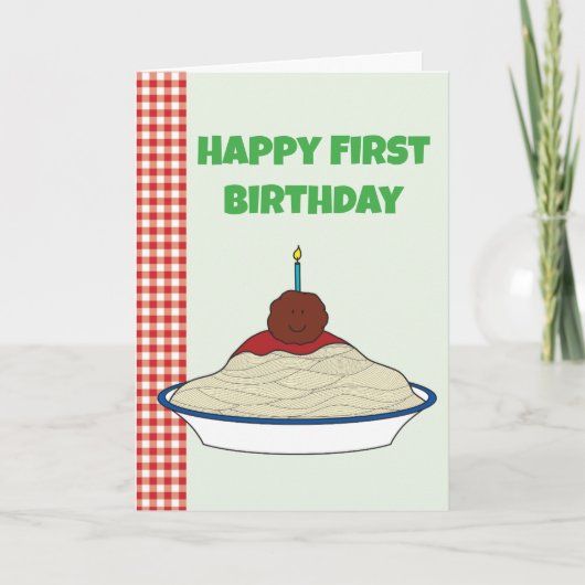 Spaghetti und Fleischbällchen Erster Geburtstag Ka Dankeskarte (Vorderseite)