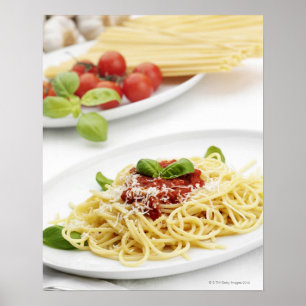 Spaghettis mit Tomatensauce und Basilikum Poster