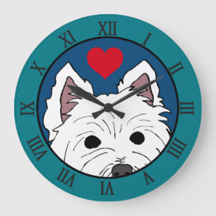 Spähen von Westie mit Herzen Große Wanduhr
