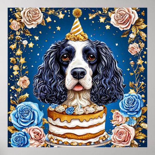 Spaniel Dog feiert Geburtstag mit Kuchen Poster (Vorne)