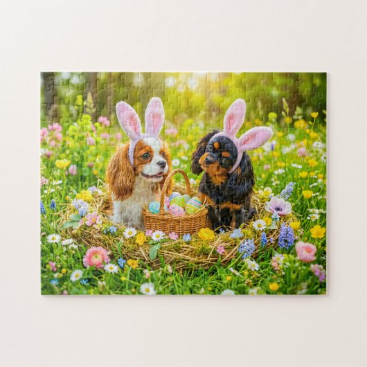 Spaniel-Duo im Osternest auf einer Wiese Puzzle (Horizontal)