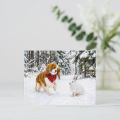 Spaniel trifft Schneehase im Winterwald Postkarte (Stehend Vorderseite)